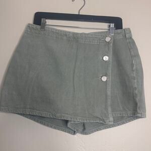 Zara Sage Green Denim Wrap Skort with Pearl Iridescent Buttons
